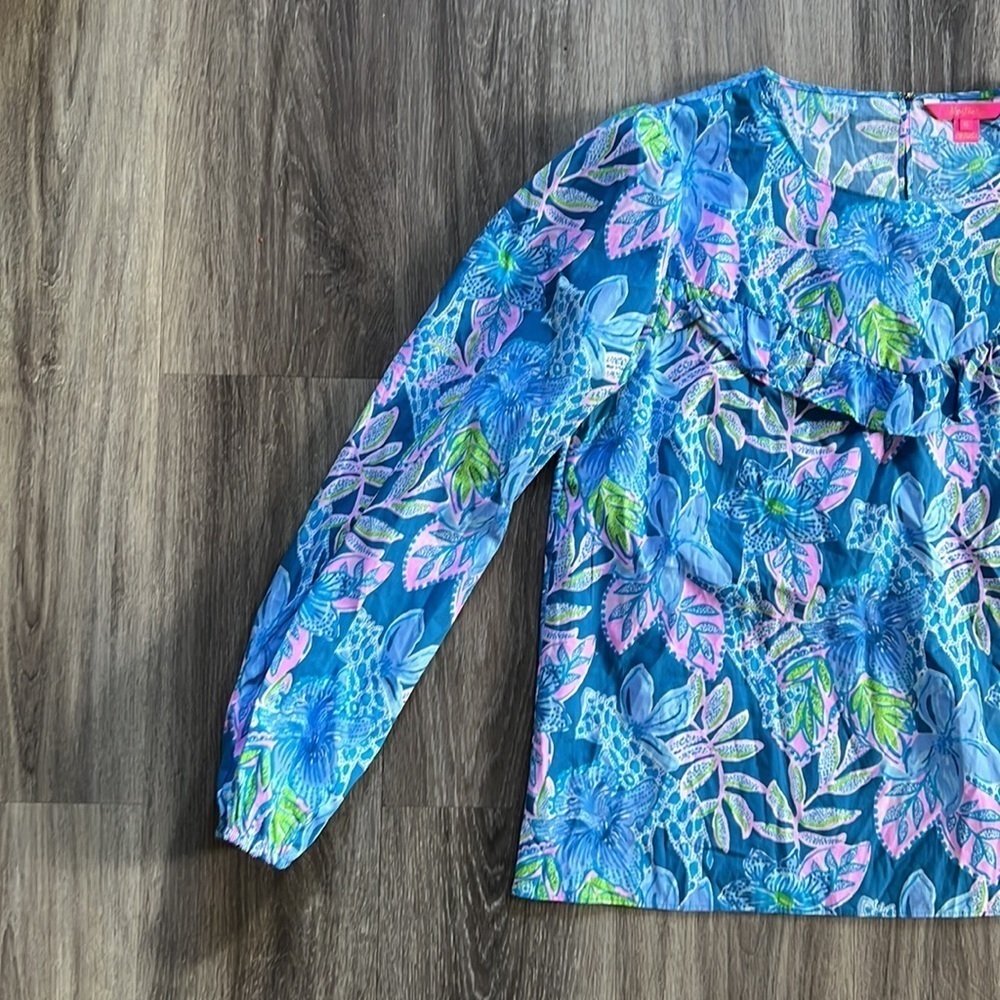 Lilly Pulitzer Blue Bell Sleeve Blouse XL Multicolor Ruffle Cotton Top Summer - Picture 5 of 11